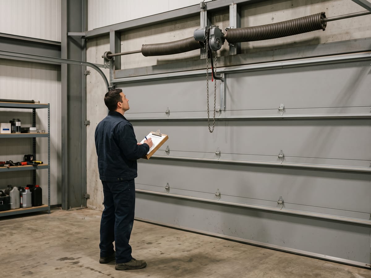 Technician with a clipboard inspecting the springs and operator of a commercial overhead door