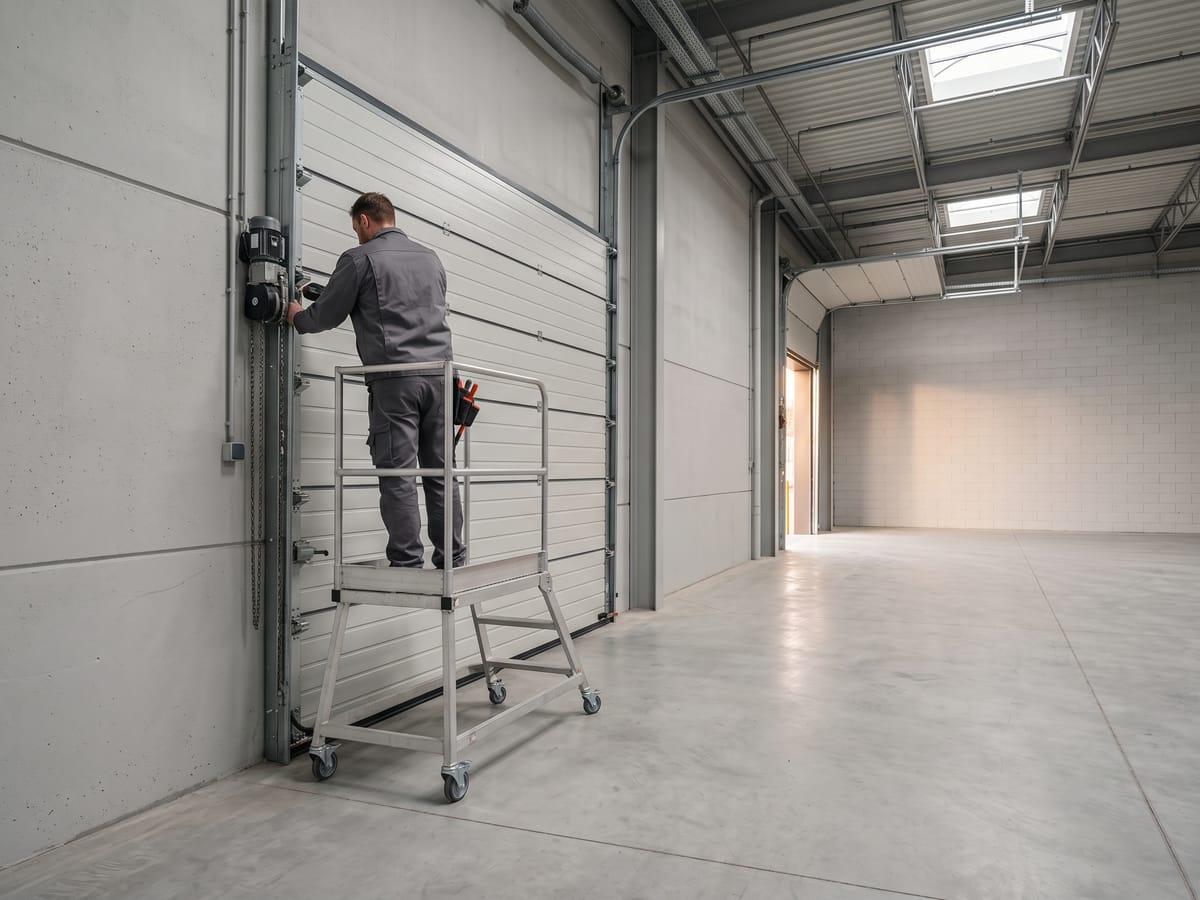 Technician on a rolling ladder servicing a large commercial overhead door in a warehouse bay