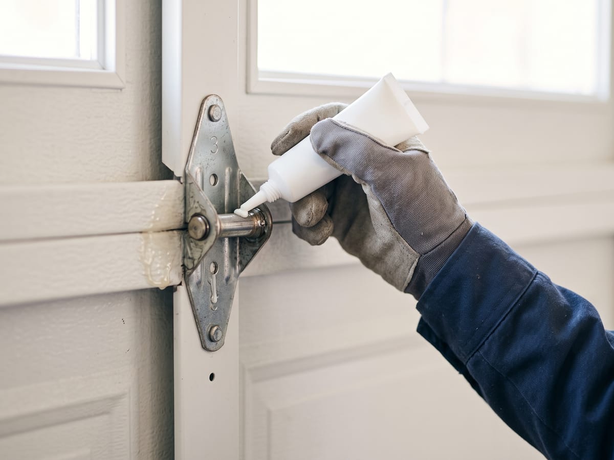 Gloved hand applying lubricant to a garage door hinge and roller stem during a maintenance tune-up