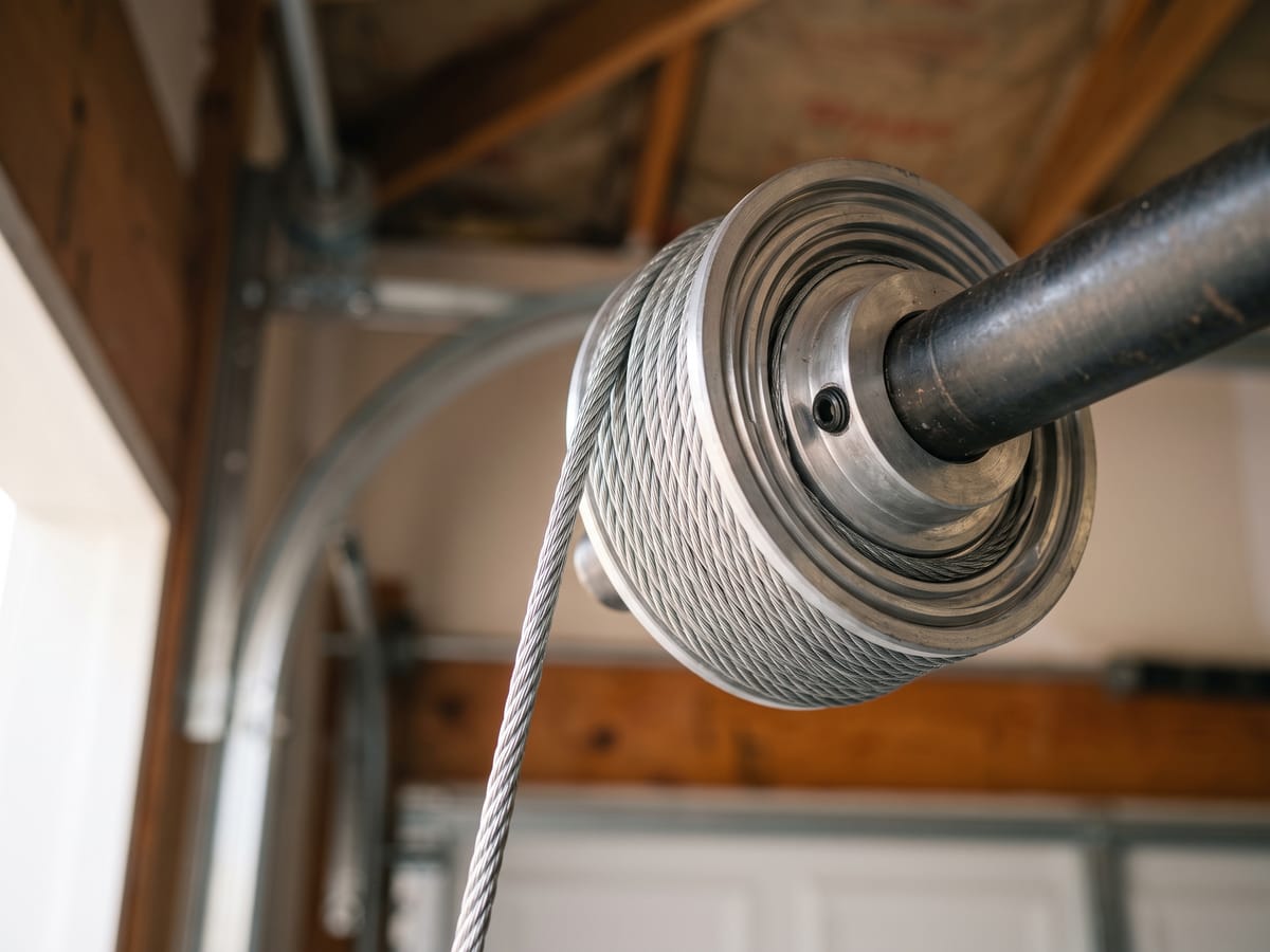 Close-up of a braided steel lifting cable wound around the grooved drum of a garage door torsion shaft