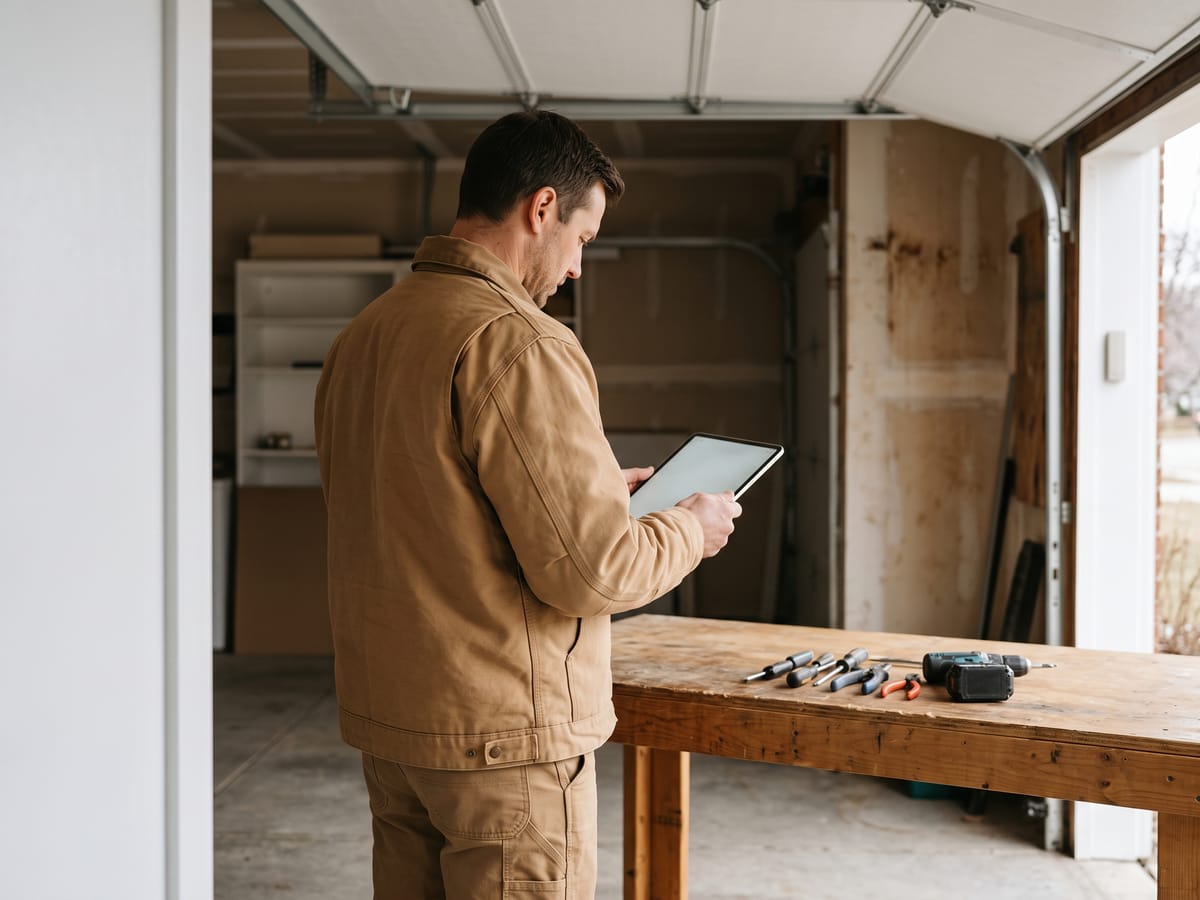 Garage door professional reviewing a job checklist on a tablet beside an open garage door