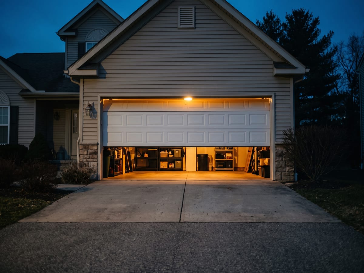 Suburban garage door stuck halfway open at night with warm light spilling onto the driveway