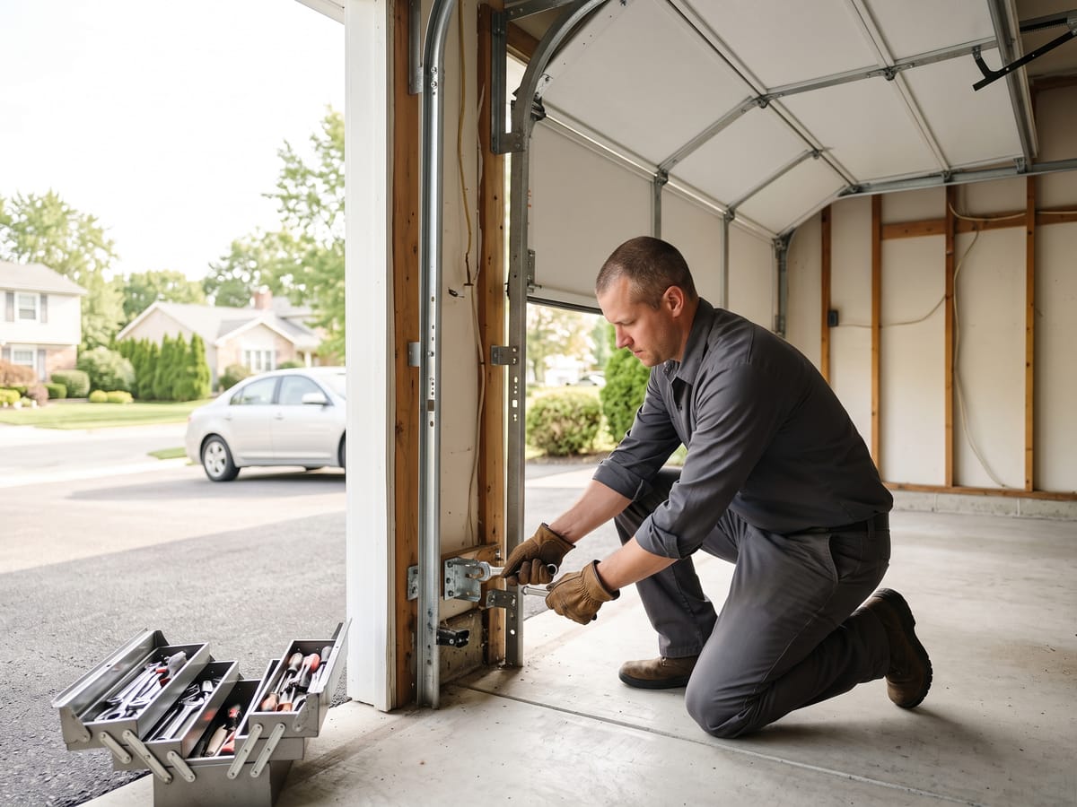 Technician in plain work clothes repairing the lower track of an open sectional garage door during a home service visit