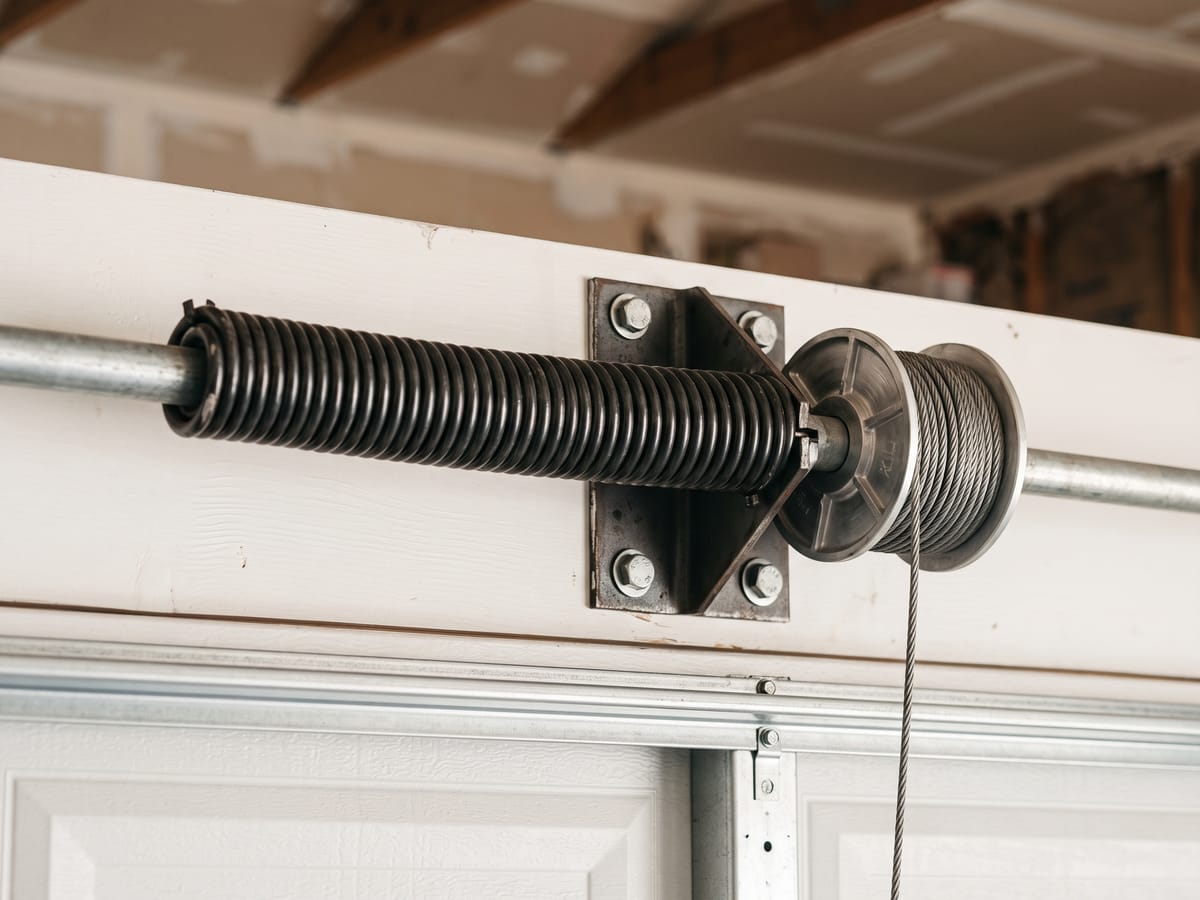 Torsion spring assembly with steel shaft, cable drum, and center bracket mounted above a garage door