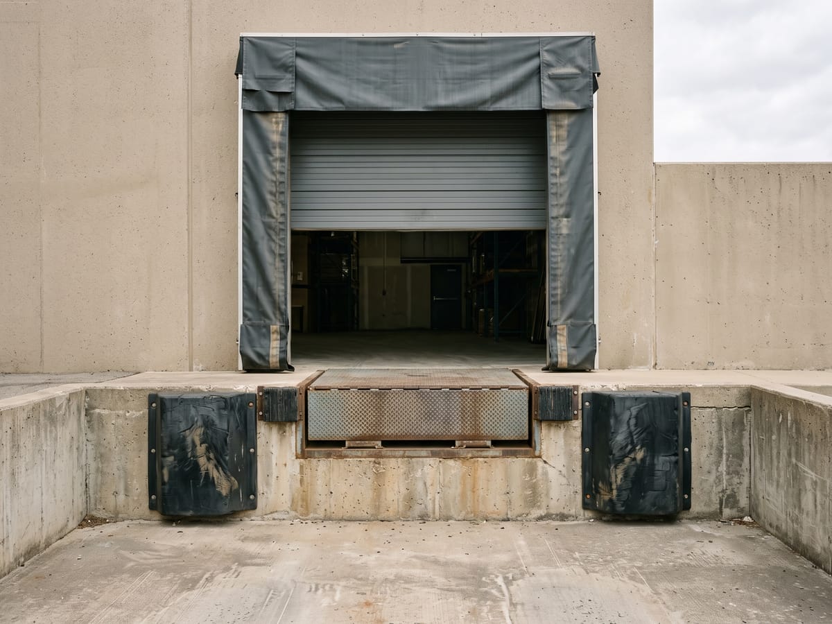 Commercial loading dock position with dock leveler plate, rubber bumpers, and an open overhead door