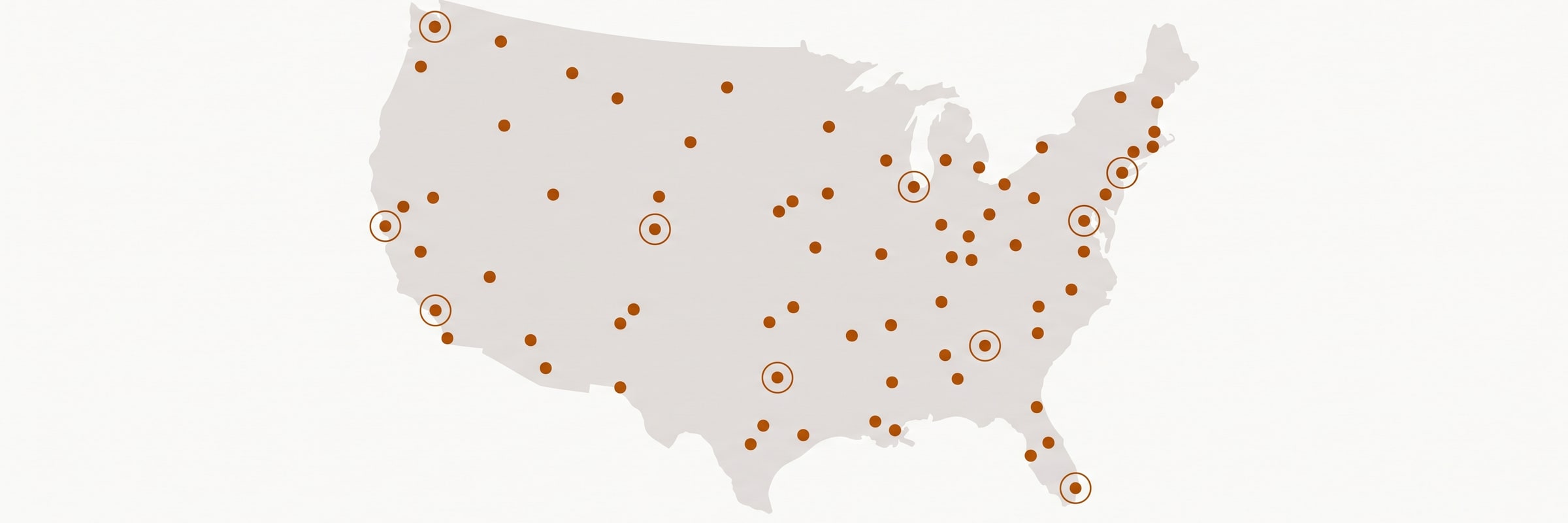Stylized map of the United States with amber dots marking nationwide garage door service coverage