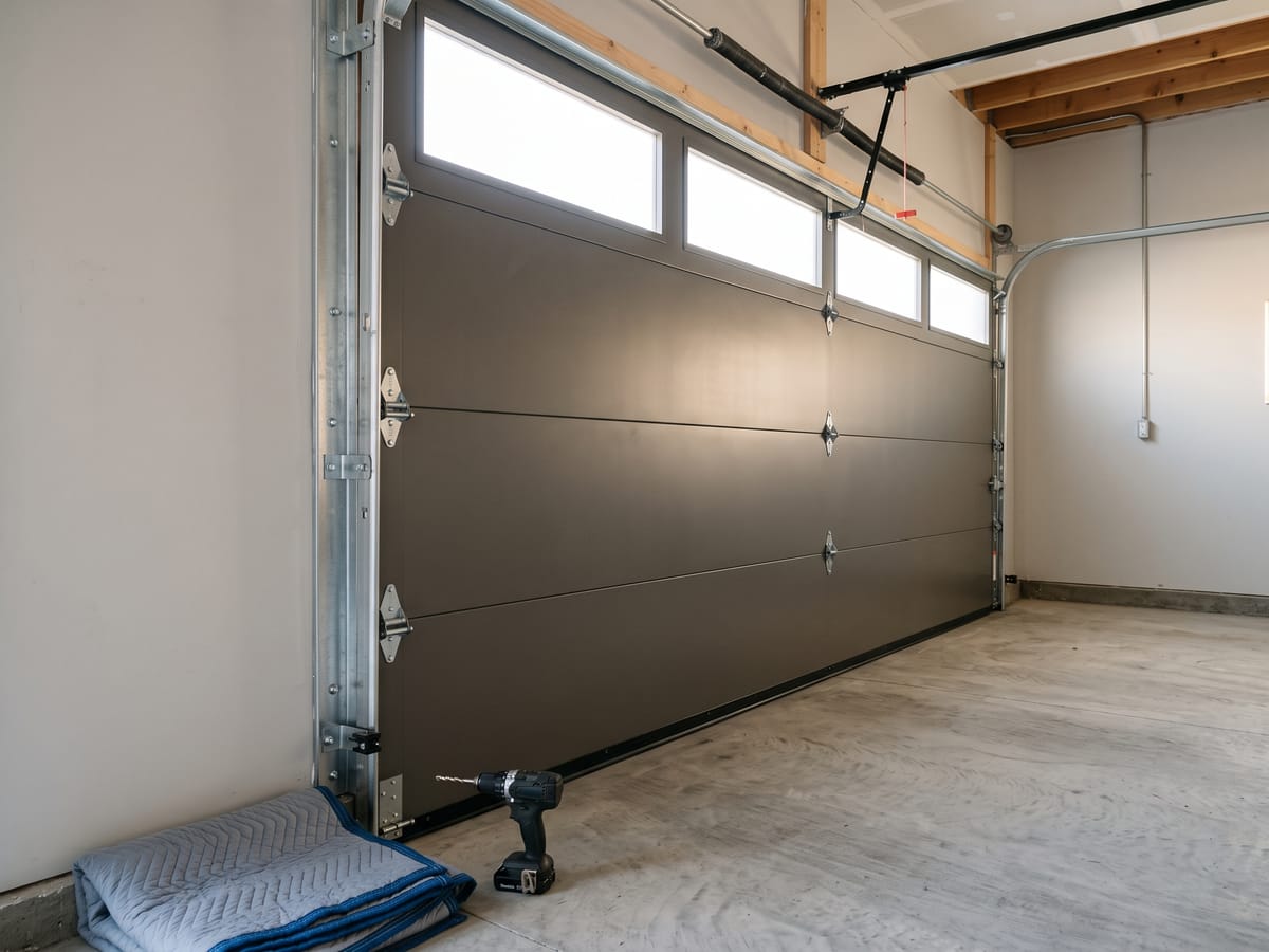 Newly installed modern steel garage door with fresh tracks on a residential garage