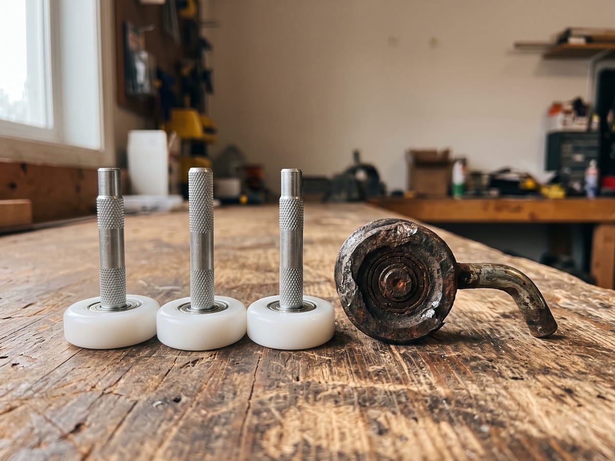 New sealed-bearing nylon garage door rollers beside one visibly worn steel roller on a workbench