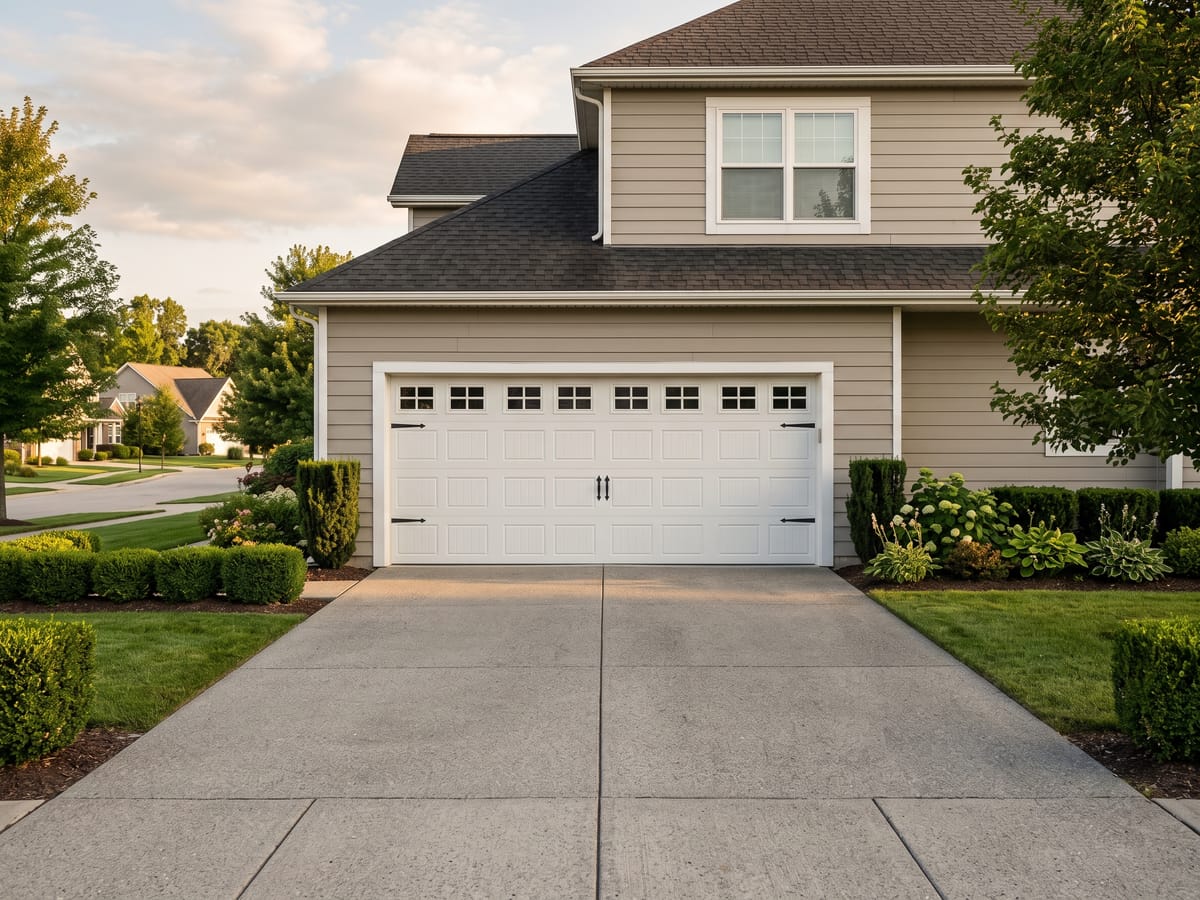 Clean white carriage-style garage door on a well-kept suburban home