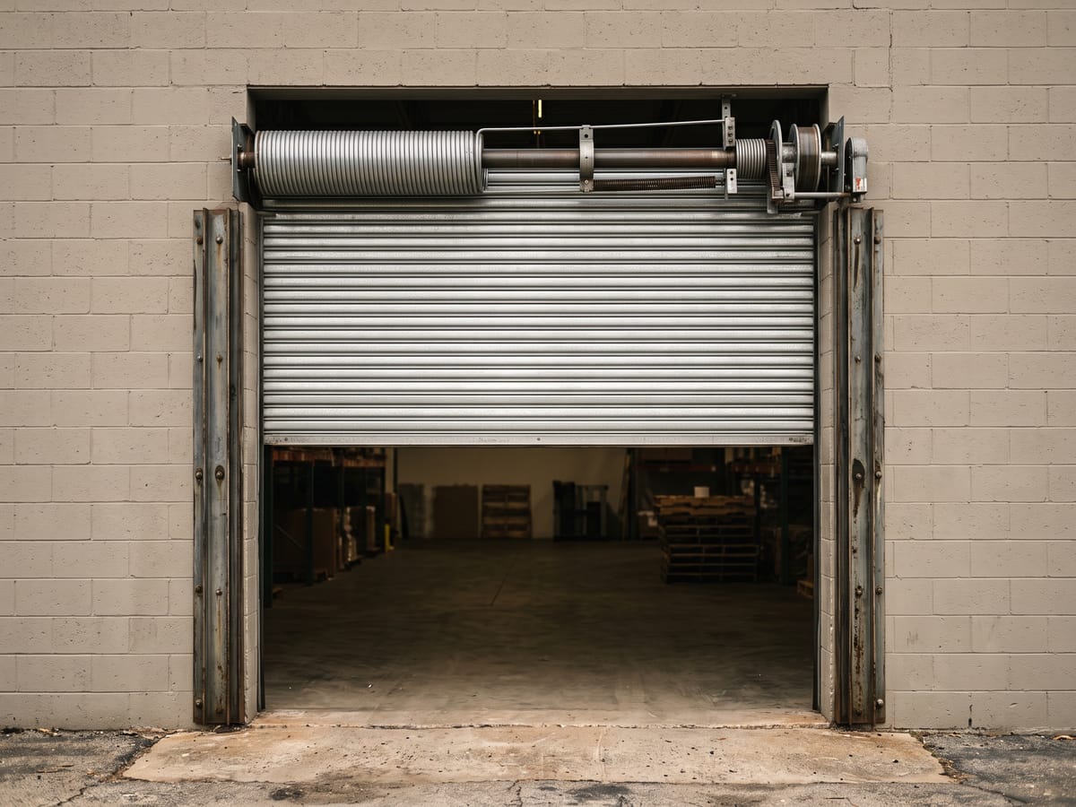Partially open rolling steel door showing its slat curtain and coil above a commercial bay