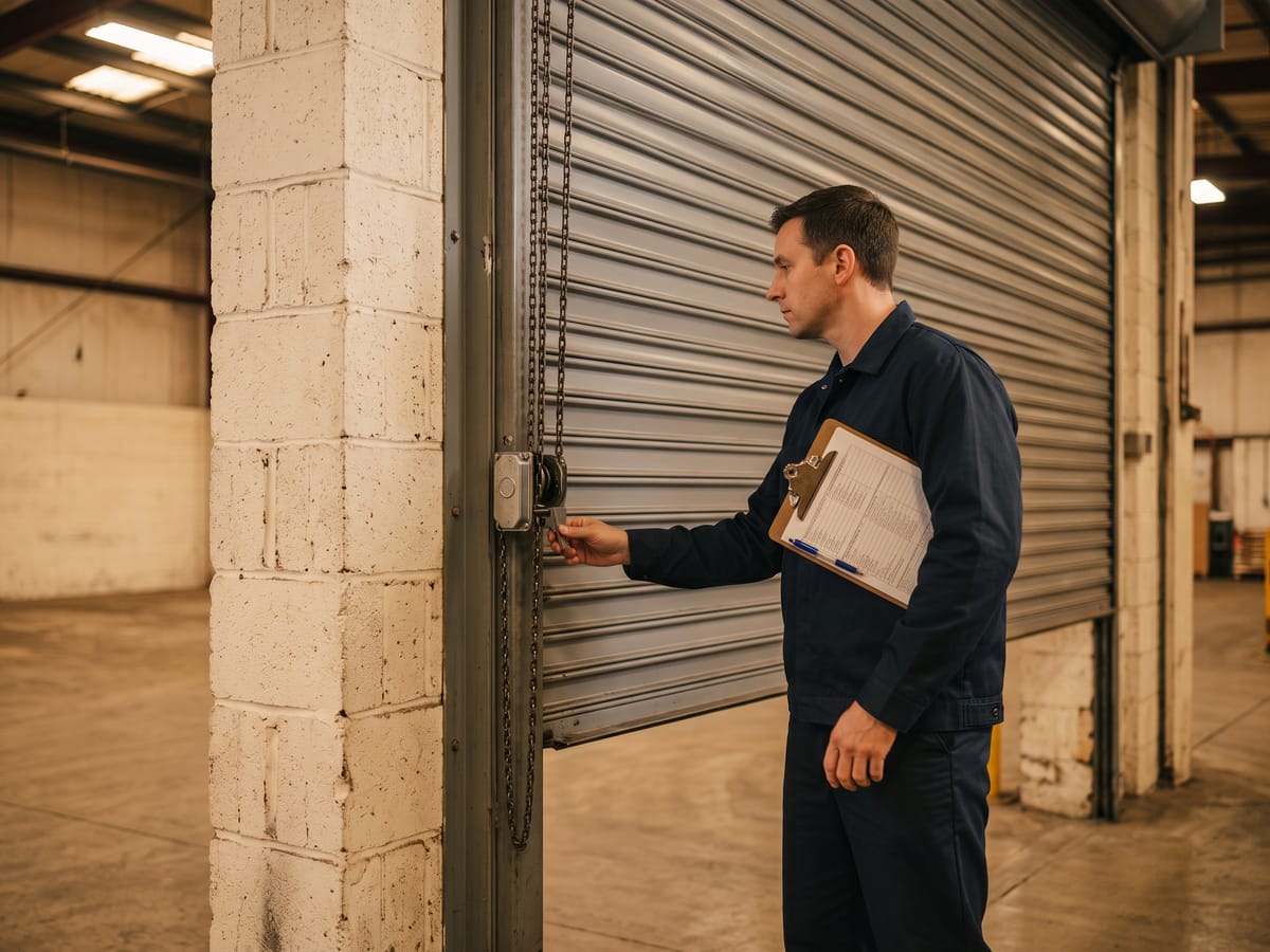 Technician observing a rolling steel fire door during a drop test in an industrial wall opening