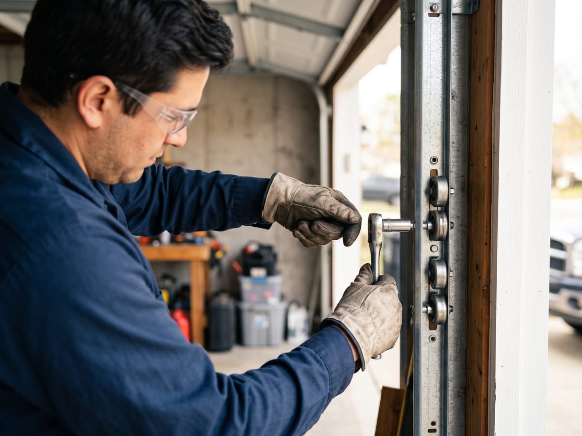 Independent garage door technician adjusting a roller track with a socket wrench