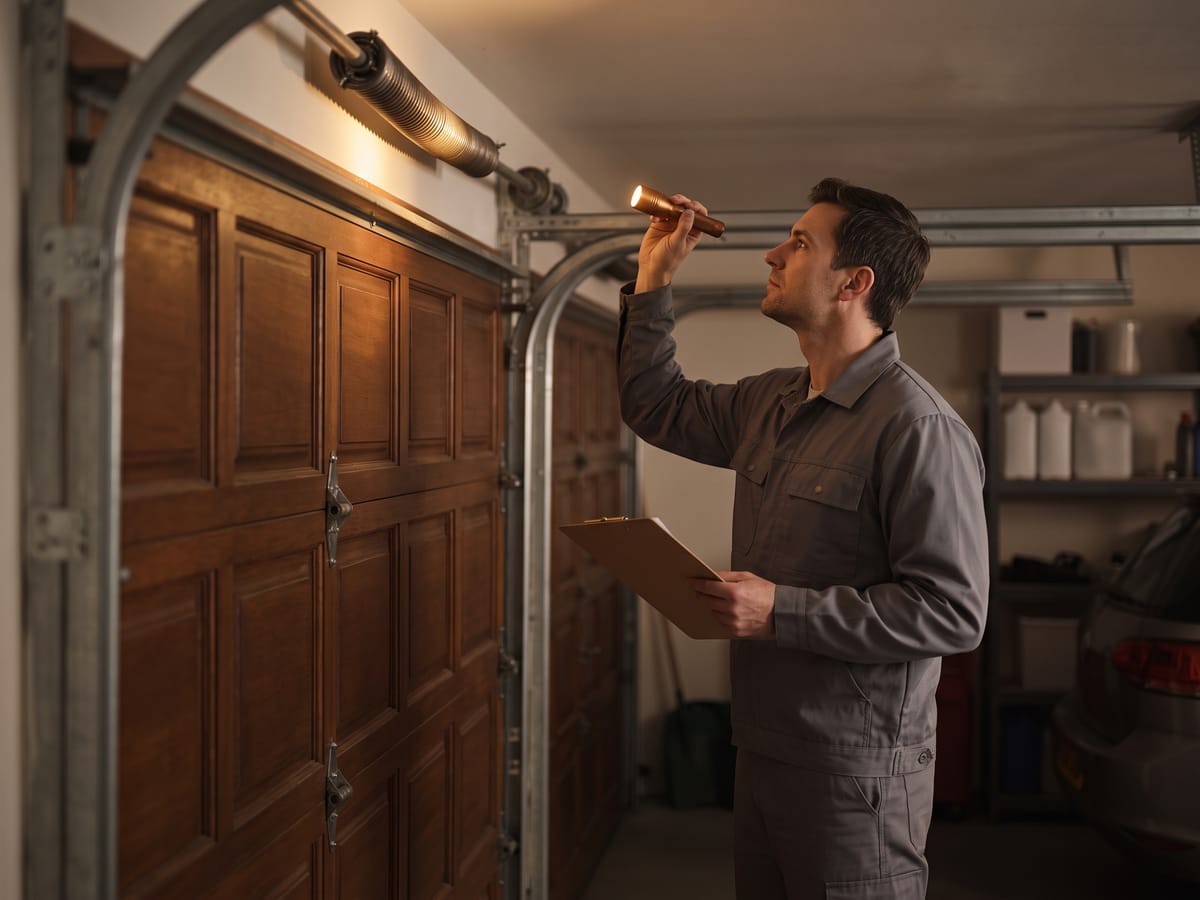 Technician shining a flashlight along the torsion spring above a residential garage door during an inspection