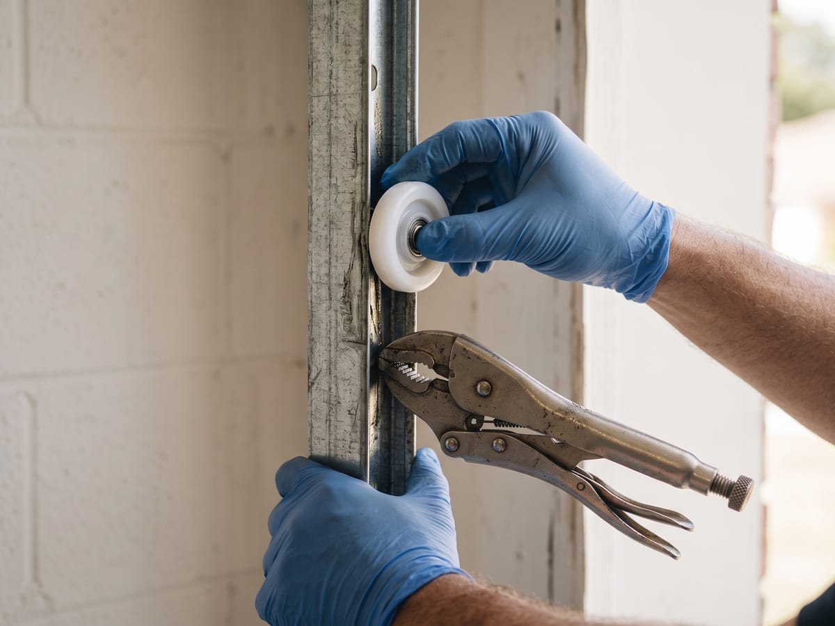 Technician guiding a roller back into a garage door track that is secured with locking pliers